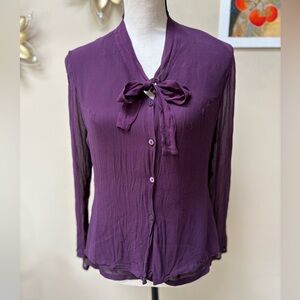100% Silk Vintage Purple Women's Tie-Neck Top Blouse